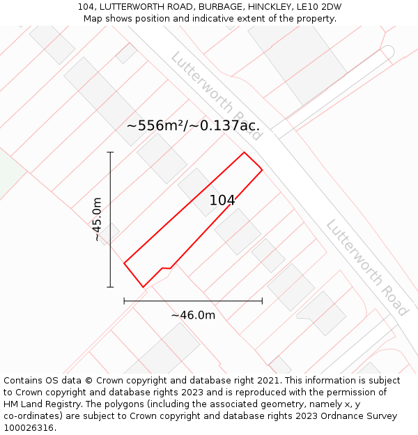 104, LUTTERWORTH ROAD, BURBAGE, HINCKLEY, LE10 2DW: Plot and title map