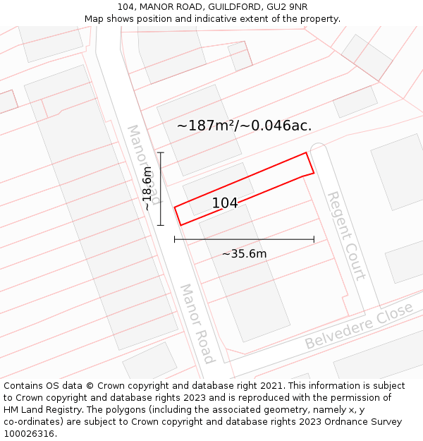 104, MANOR ROAD, GUILDFORD, GU2 9NR: Plot and title map