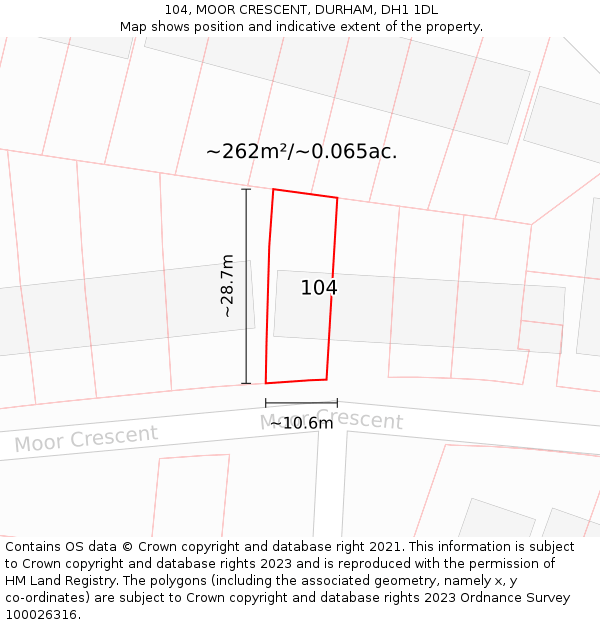 104, MOOR CRESCENT, DURHAM, DH1 1DL: Plot and title map