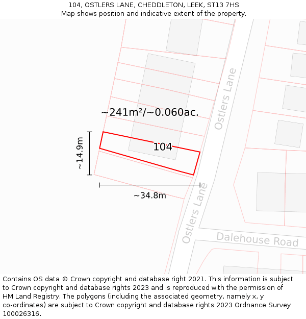 104, OSTLERS LANE, CHEDDLETON, LEEK, ST13 7HS: Plot and title map