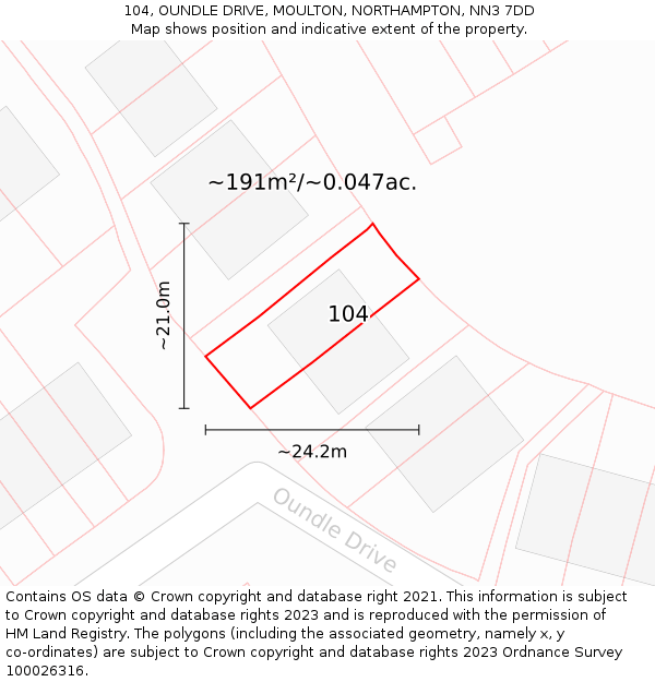104, OUNDLE DRIVE, MOULTON, NORTHAMPTON, NN3 7DD: Plot and title map