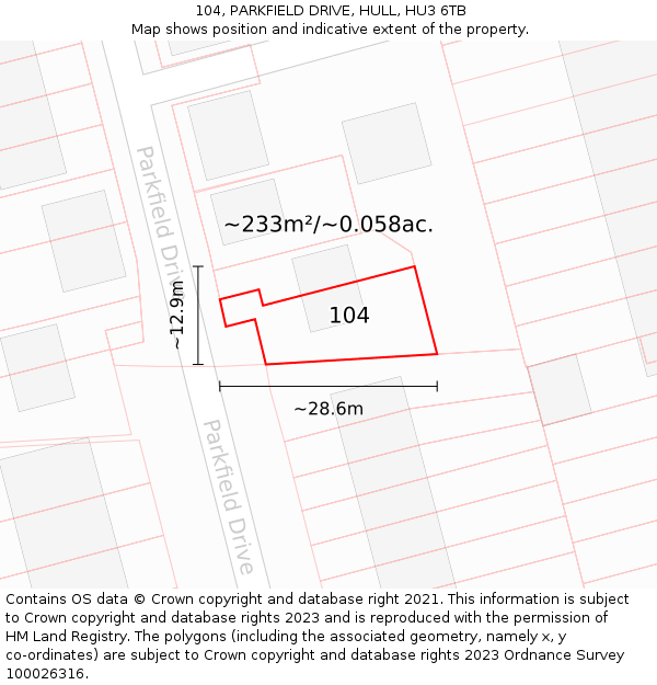 104, PARKFIELD DRIVE, HULL, HU3 6TB: Plot and title map