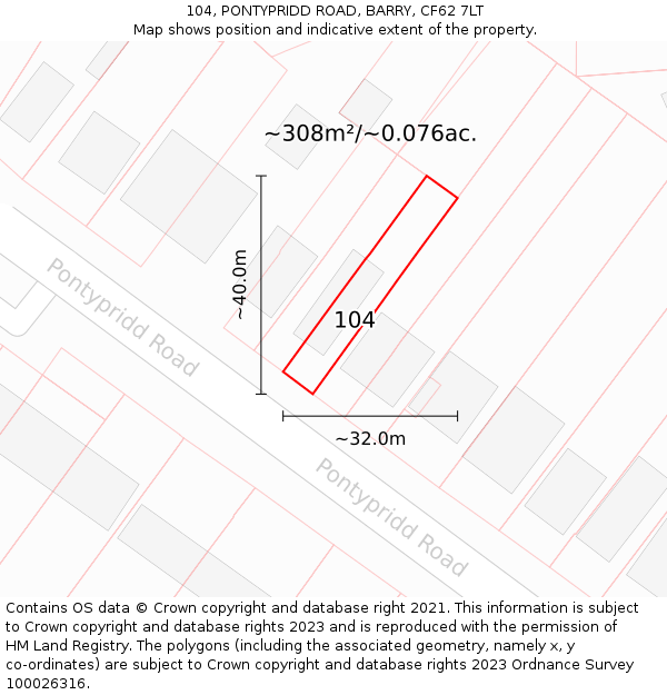 104, PONTYPRIDD ROAD, BARRY, CF62 7LT: Plot and title map