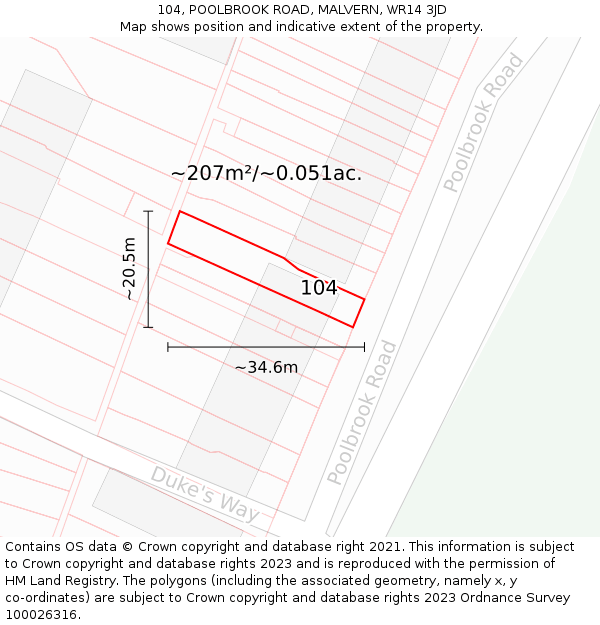 104, POOLBROOK ROAD, MALVERN, WR14 3JD: Plot and title map