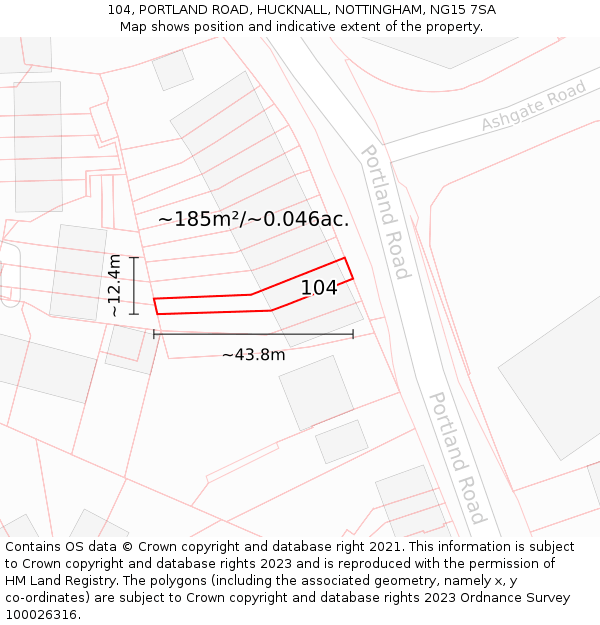 104, PORTLAND ROAD, HUCKNALL, NOTTINGHAM, NG15 7SA: Plot and title map