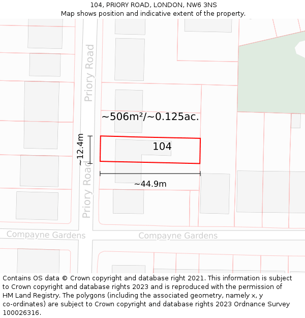 104, PRIORY ROAD, LONDON, NW6 3NS: Plot and title map