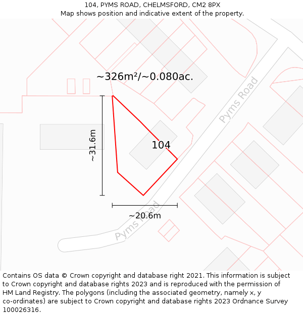 104, PYMS ROAD, CHELMSFORD, CM2 8PX: Plot and title map