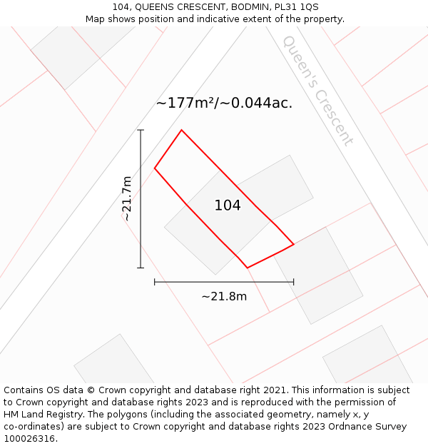 104, QUEENS CRESCENT, BODMIN, PL31 1QS: Plot and title map