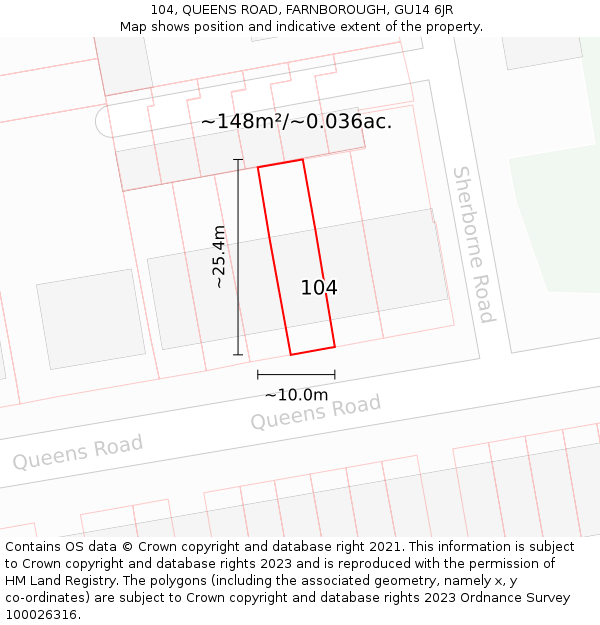 104, QUEENS ROAD, FARNBOROUGH, GU14 6JR: Plot and title map