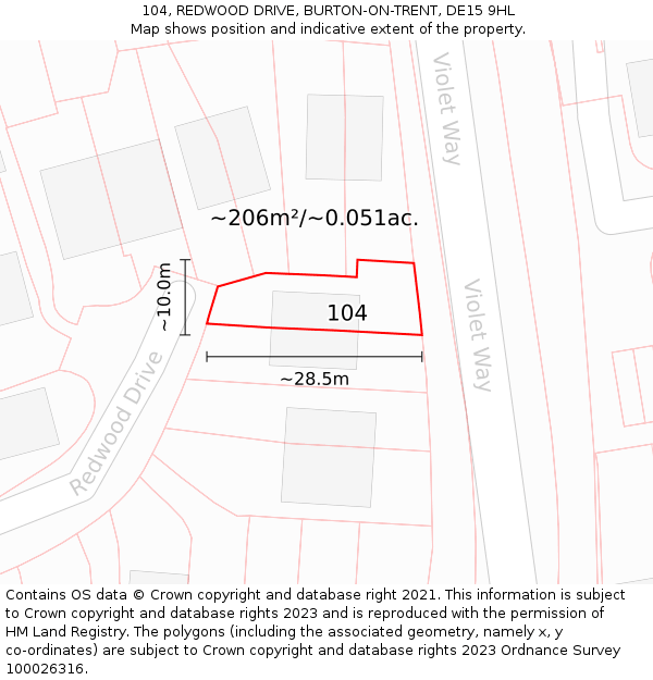 104, REDWOOD DRIVE, BURTON-ON-TRENT, DE15 9HL: Plot and title map
