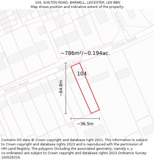 104, SHILTON ROAD, BARWELL, LEICESTER, LE9 8BN: Plot and title map