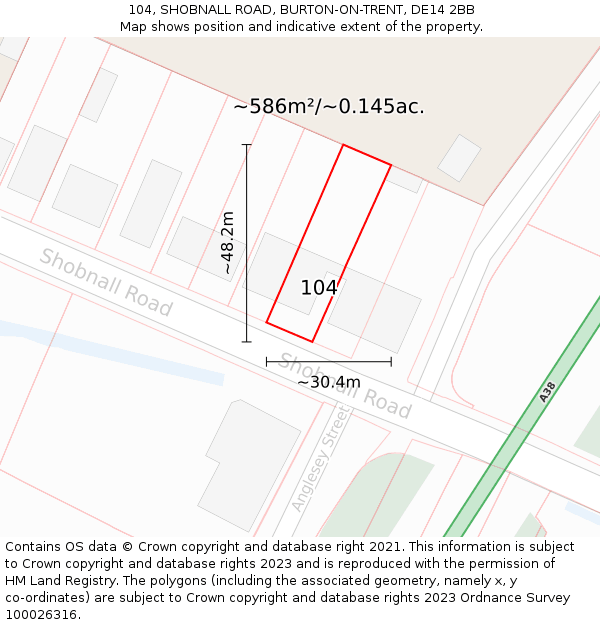 104, SHOBNALL ROAD, BURTON-ON-TRENT, DE14 2BB: Plot and title map