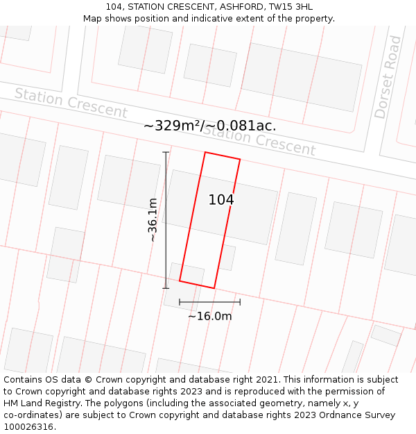 104, STATION CRESCENT, ASHFORD, TW15 3HL: Plot and title map