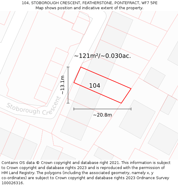 104, STOBOROUGH CRESCENT, FEATHERSTONE, PONTEFRACT, WF7 5PE: Plot and title map