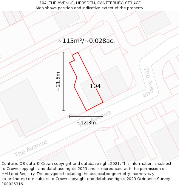 104, THE AVENUE, HERSDEN, CANTERBURY, CT3 4GF: Plot and title map