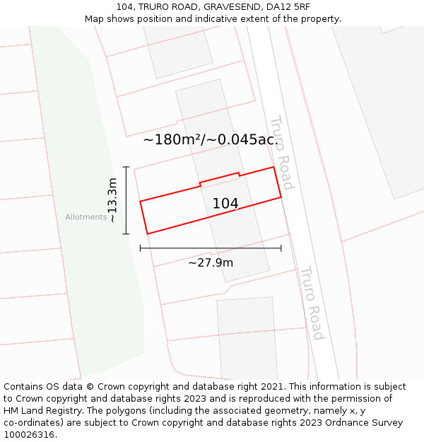 104, TRURO ROAD, GRAVESEND, DA12 5RF: Plot and title map