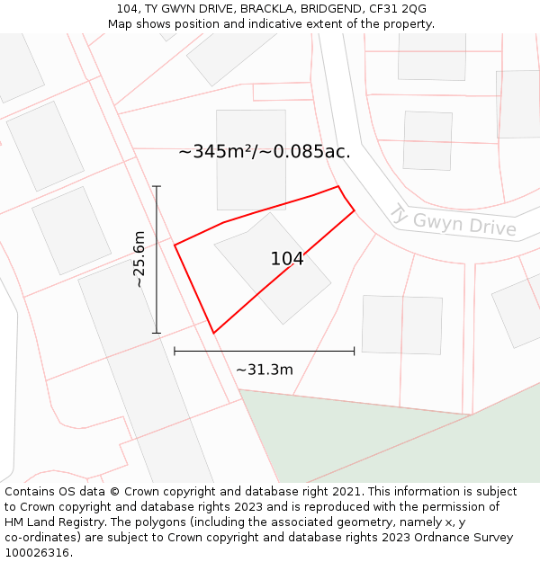 104, TY GWYN DRIVE, BRACKLA, BRIDGEND, CF31 2QG: Plot and title map