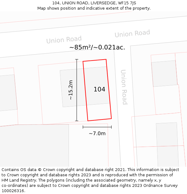 104, UNION ROAD, LIVERSEDGE, WF15 7JS: Plot and title map