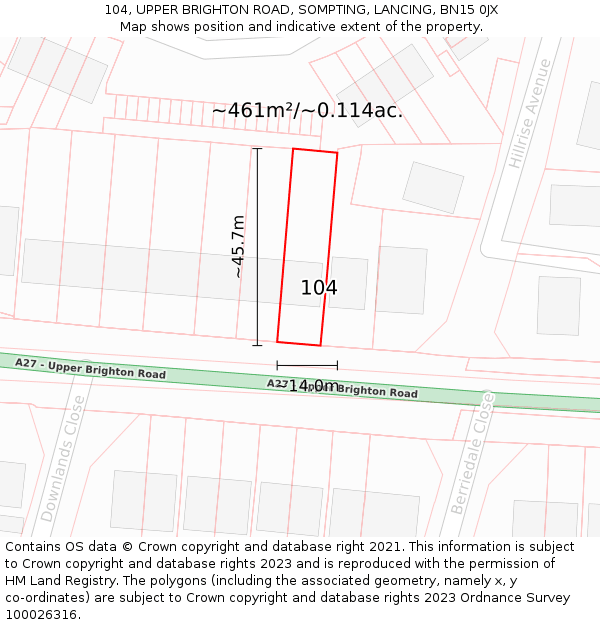 104, UPPER BRIGHTON ROAD, SOMPTING, LANCING, BN15 0JX: Plot and title map