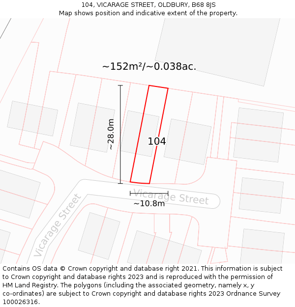 104, VICARAGE STREET, OLDBURY, B68 8JS: Plot and title map