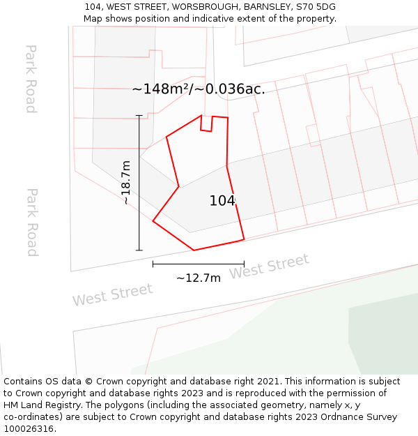 104, WEST STREET, WORSBROUGH, BARNSLEY, S70 5DG: Plot and title map
