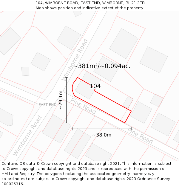 104, WIMBORNE ROAD, EAST END, WIMBORNE, BH21 3EB: Plot and title map