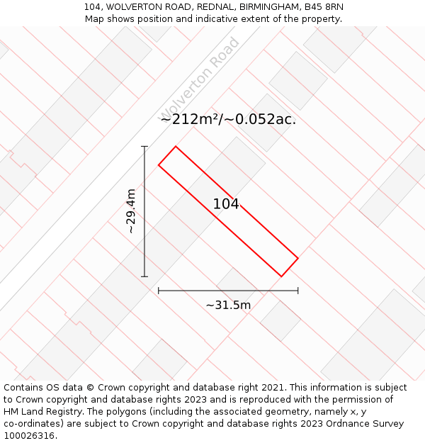 104, WOLVERTON ROAD, REDNAL, BIRMINGHAM, B45 8RN: Plot and title map