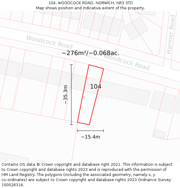 104, WOODCOCK ROAD, NORWICH, NR3 3TD: Plot and title map
