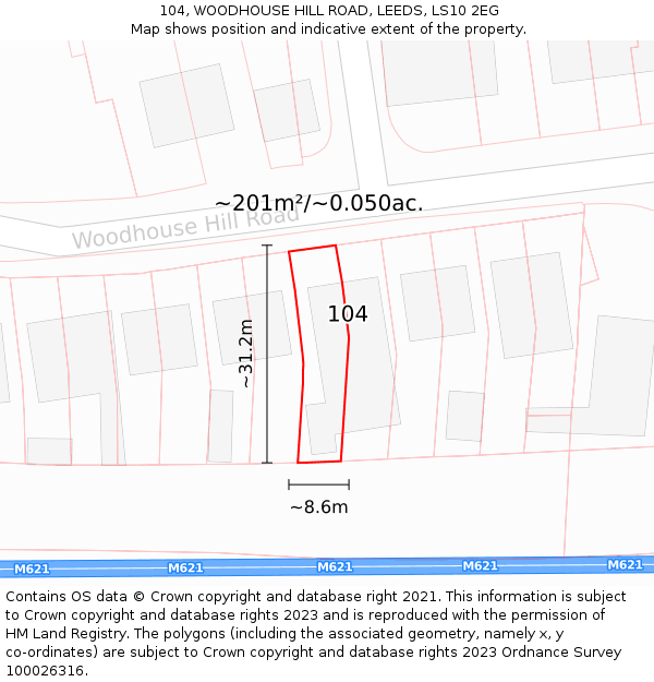 104, WOODHOUSE HILL ROAD, LEEDS, LS10 2EG: Plot and title map