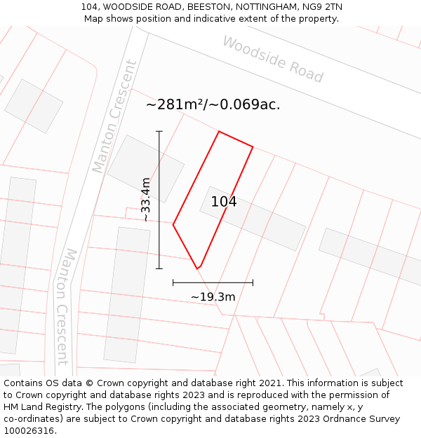104, WOODSIDE ROAD, BEESTON, NOTTINGHAM, NG9 2TN: Plot and title map