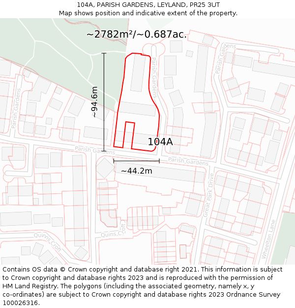 104A, PARISH GARDENS, LEYLAND, PR25 3UT: Plot and title map
