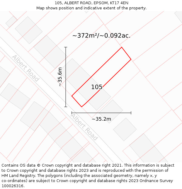 105, ALBERT ROAD, EPSOM, KT17 4EN: Plot and title map