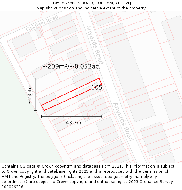 105, ANYARDS ROAD, COBHAM, KT11 2LJ: Plot and title map