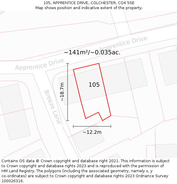 105, APPRENTICE DRIVE, COLCHESTER, CO4 5SE: Plot and title map
