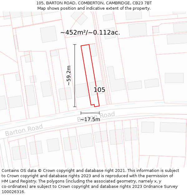 105, BARTON ROAD, COMBERTON, CAMBRIDGE, CB23 7BT: Plot and title map