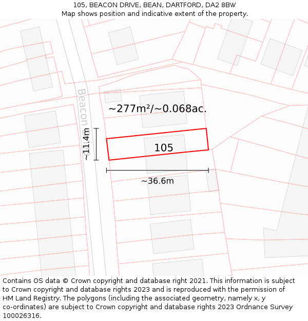 105, BEACON DRIVE, BEAN, DARTFORD, DA2 8BW: Plot and title map