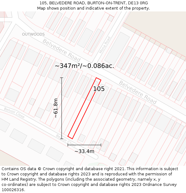 105, BELVEDERE ROAD, BURTON-ON-TRENT, DE13 0RG: Plot and title map
