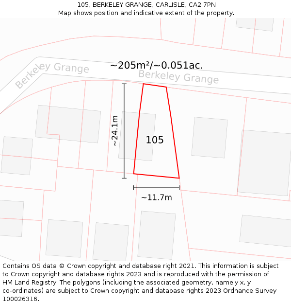 105, BERKELEY GRANGE, CARLISLE, CA2 7PN: Plot and title map
