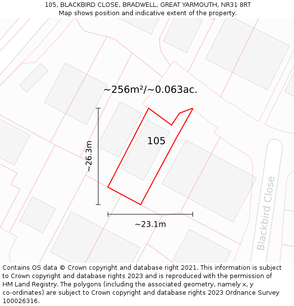 105, BLACKBIRD CLOSE, BRADWELL, GREAT YARMOUTH, NR31 8RT: Plot and title map