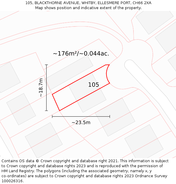 105, BLACKTHORNE AVENUE, WHITBY, ELLESMERE PORT, CH66 2XA: Plot and title map