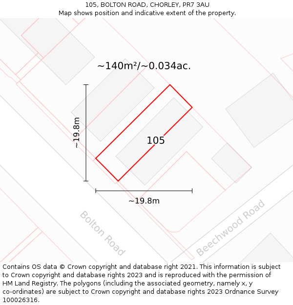 105, BOLTON ROAD, CHORLEY, PR7 3AU: Plot and title map