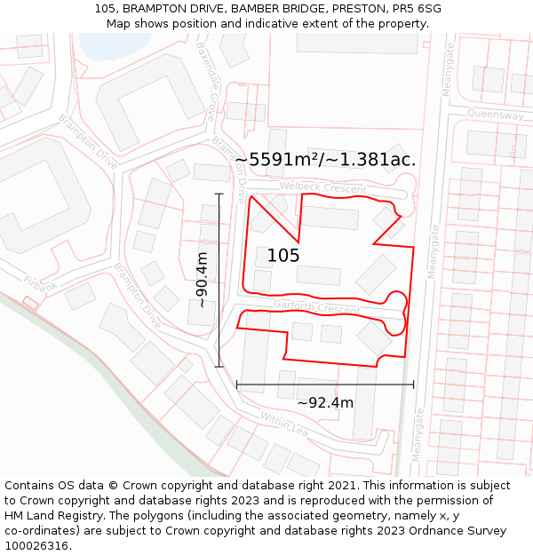 105, BRAMPTON DRIVE, BAMBER BRIDGE, PRESTON, PR5 6SG: Plot and title map