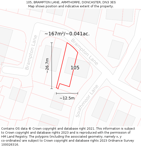 105, BRAMPTON LANE, ARMTHORPE, DONCASTER, DN3 3ES: Plot and title map