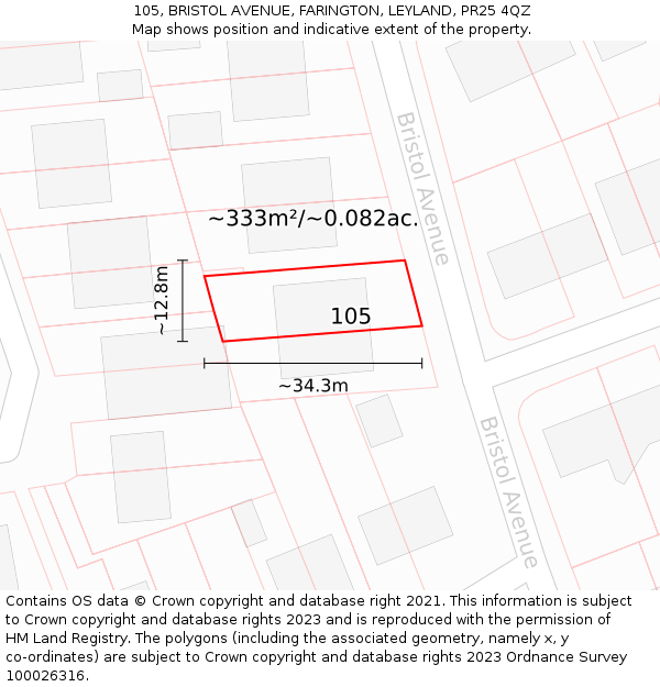 105, BRISTOL AVENUE, FARINGTON, LEYLAND, PR25 4QZ: Plot and title map