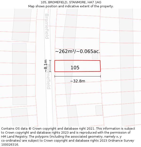 105, BROMEFIELD, STANMORE, HA7 1AG: Plot and title map