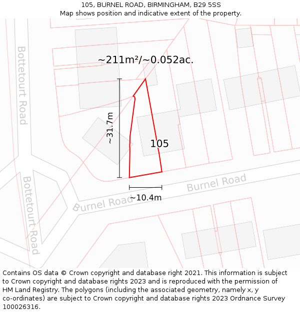 105, BURNEL ROAD, BIRMINGHAM, B29 5SS: Plot and title map