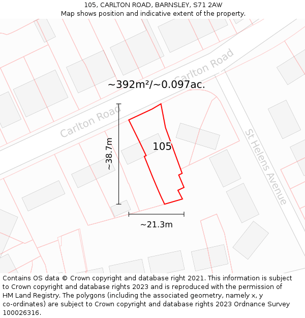 105, CARLTON ROAD, BARNSLEY, S71 2AW: Plot and title map