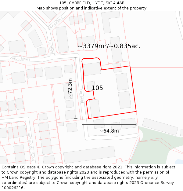 105, CARRFIELD, HYDE, SK14 4AR: Plot and title map