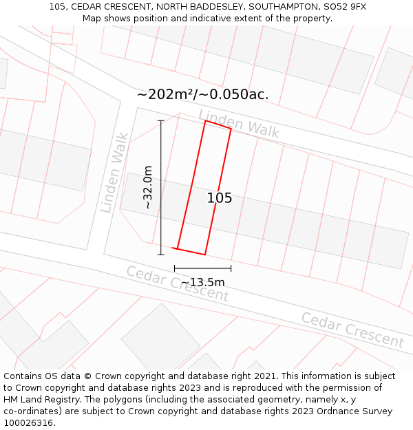 105, CEDAR CRESCENT, NORTH BADDESLEY, SOUTHAMPTON, SO52 9FX: Plot and title map