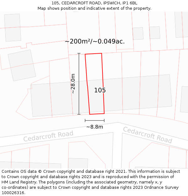 105, CEDARCROFT ROAD, IPSWICH, IP1 6BL: Plot and title map